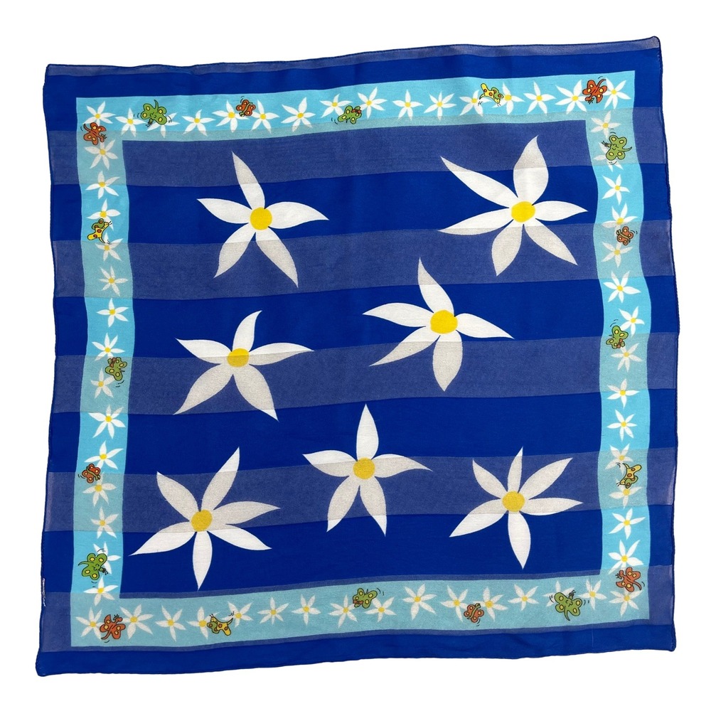 Floral Butterfly Square Scarf Womens Blue White Daisy Sheer Cottage Retro Spring